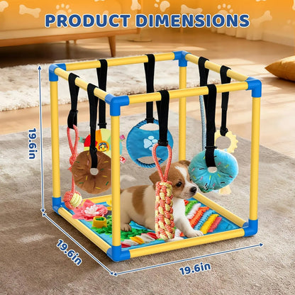 Indoor Puppy Play Gym - Pet Agility Training & Boredom Enrichment Aid with Snuffle Mat, 8 Hanging Toys, PVC Frame, Stretchy Velcro Rope for Small Dogs Bite Resistance