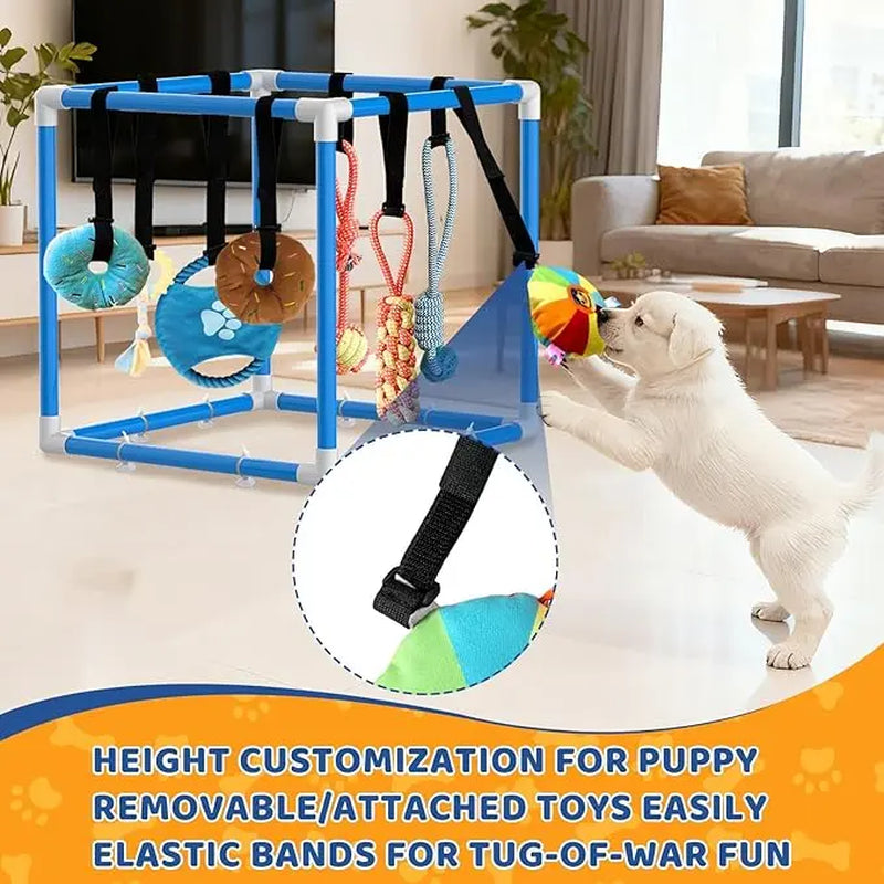 Indoor Puppy Play Gym - Pet Agility Training & Boredom Enrichment Aid with Snuffle Mat, 8 Hanging Toys, PVC Frame, Stretchy Velcro Rope for Small Dogs Bite Resistance