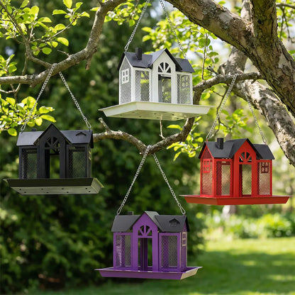 PAWGIANT Bird Feeder House for Outside, 10" × 8" × 7", Hanging Metal Mesh Wild Bird Feeder with Triple Feeders for Finch Cardinal Chickadee Large Capacity, Weatherproof and Durable, Garden Decor for Outside, Unique Gifts for Bird Lovers, White