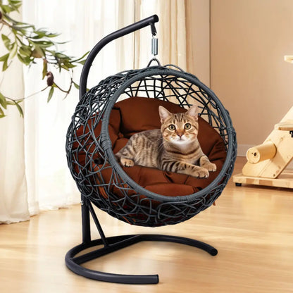 Cat Swing Bed with Stand & Cushion, Cat Egg Chair with Rattan Wicker Appearance, Indoor Hanging Swinging Cat Bed for Cats, Small Dogs, and Small Animals.Gray.