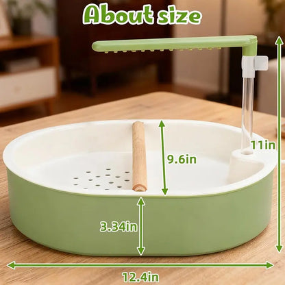Automatic Bird Bath Tub with Water Shower & Wooden Perch for Cockatiels & Budgies