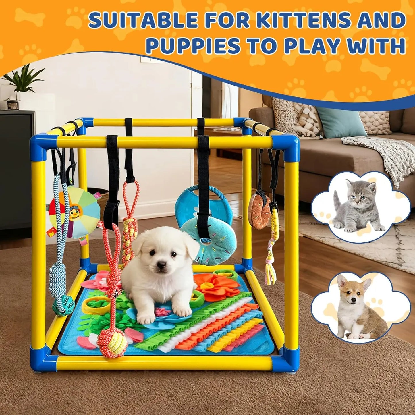 Indoor Puppy Play Gym - Pet Agility Training & Boredom Enrichment Aid with Snuffle Mat, 8 Hanging Toys, PVC Frame, Stretchy Velcro Rope for Small Dogs Bite Resistance