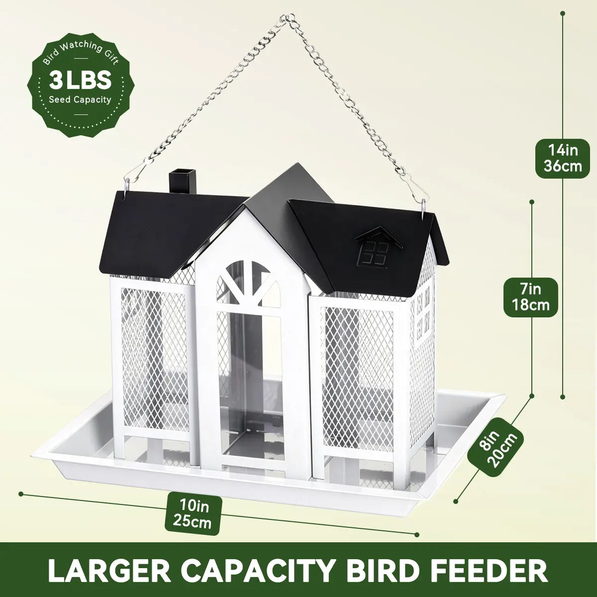 PAWGIANT Bird Feeder House for Outside, 10" × 8" × 7", Hanging Metal Mesh Wild Bird Feeder with Triple Feeders for Finch Cardinal Chickadee Large Capacity, Weatherproof and Durable, Garden Decor for Outside, Unique Gifts for Bird Lovers, White