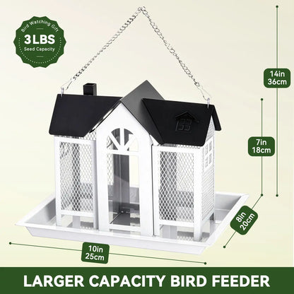 PAWGIANT Bird Feeder House for Outside, 10" × 8" × 7", Hanging Metal Mesh Wild Bird Feeder with Triple Feeders for Finch Cardinal Chickadee Large Capacity, Weatherproof and Durable, Garden Decor for Outside, Unique Gifts for Bird Lovers, White