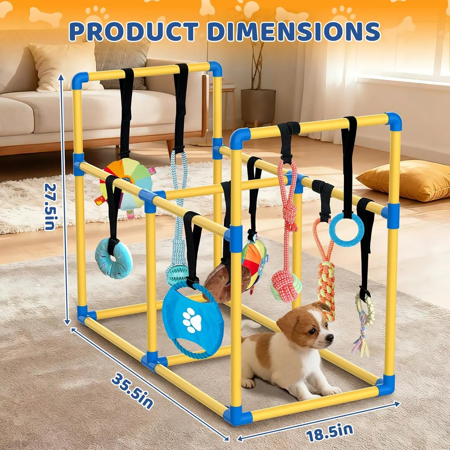 Indoor Puppy Play Gym - Pet Agility Training & Boredom Enrichment Aid with Snuffle Mat, 8 Hanging Toys, PVC Frame, Stretchy Velcro Rope for Small Dogs Bite Resistance