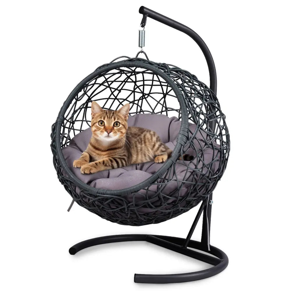 Cat Swing Bed with Stand & Cushion, Cat Egg Chair with Rattan Wicker Appearance, Indoor Hanging Swinging Cat Bed for Cats, Small Dogs, and Small Animals.Gray.