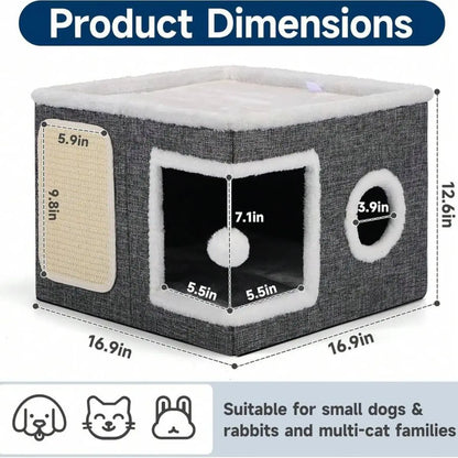 A Cat Bed Suitable for Indoor Cats, with a Large Cat Hole for a Comfortable Apartment, Fluffy Hanging Balls, round Windows, a Foldable Indoor Cat House, Capable of Bearing up to 30 Pounds , with Double-Sided Soft Cushions, Suitable for All Seasons