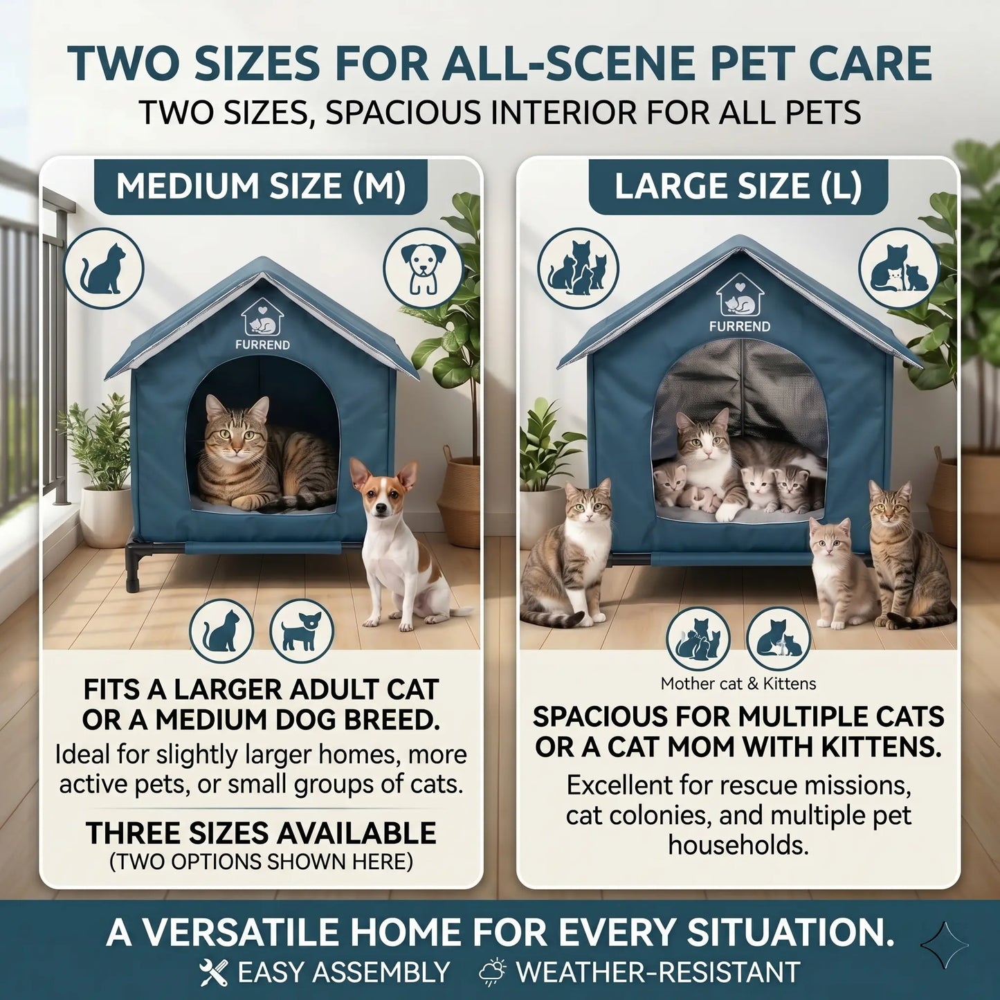 Outdoor 4-Season Cat House, Waterproof, Windproof & Scratch-Resistant. Easy to Clean with a Soft Blanket, Sturdy and Spacious. Includes Mounting Brackets, Ideal for Multiple Kittens and Small Dogs.