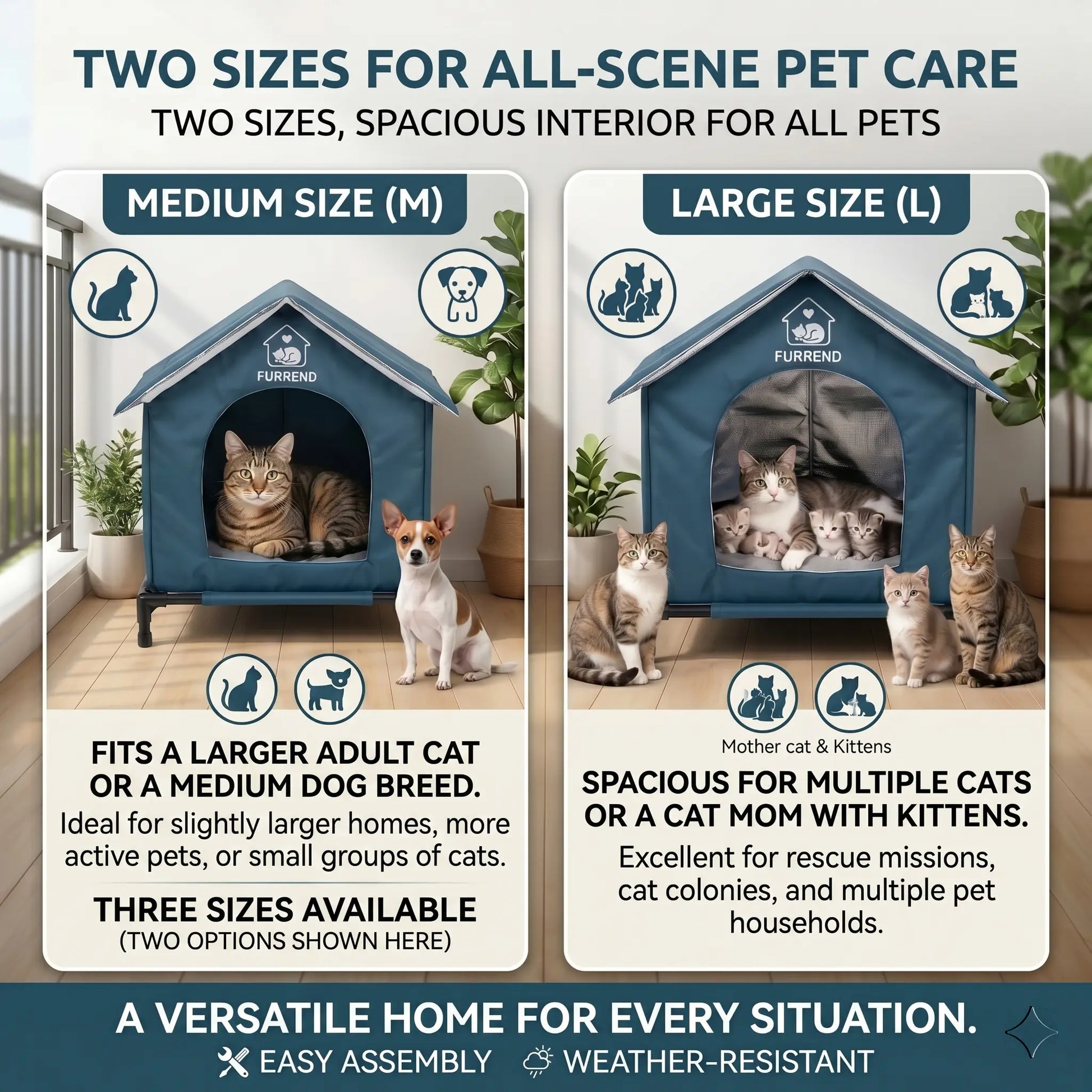 Outdoor 4-Season Cat House, Waterproof, Windproof & Scratch-Resistant. Easy to Clean with a Soft Blanket, Sturdy and Spacious. Includes Mounting Brackets, Ideal for Multiple Kittens and Small Dogs.