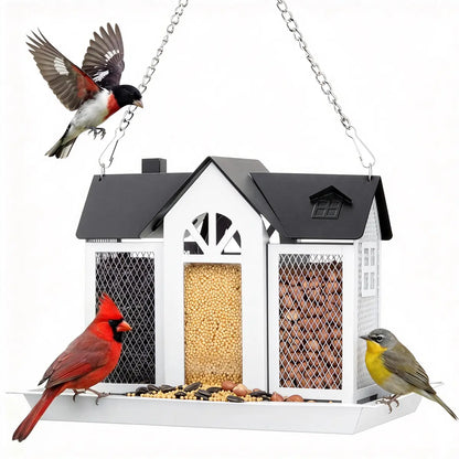 PAWGIANT Bird Feeder House for Outside, 10" × 8" × 7", Hanging Metal Mesh Wild Bird Feeder with Triple Feeders for Finch Cardinal Chickadee Large Capacity, Weatherproof and Durable, Garden Decor for Outside, Unique Gifts for Bird Lovers, White