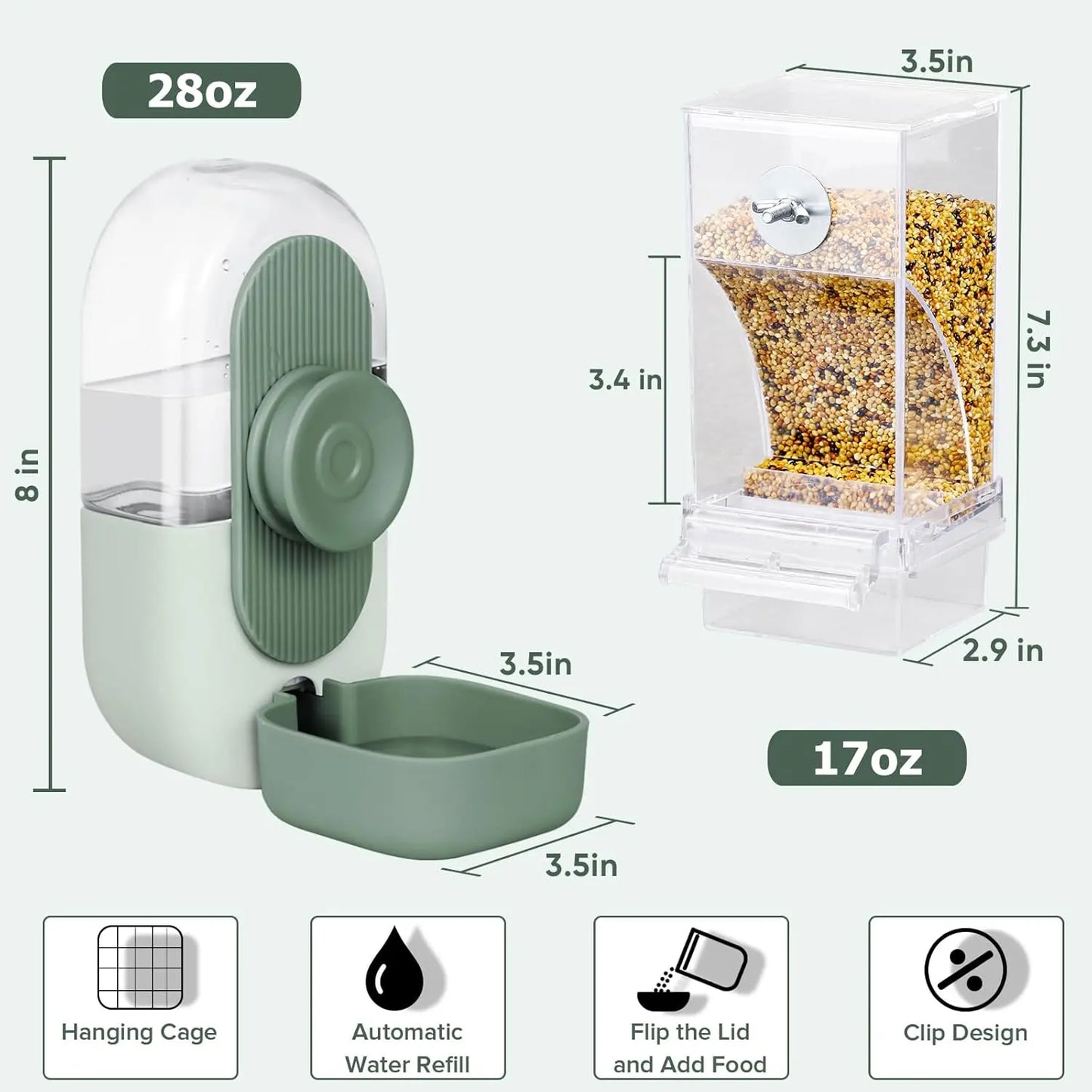 2PCS Water and Feeder Set, Parakeet Cage Additions, Parrot Seed Food Container and Water Dispenser for Siskins, Lovebirds, Parrotlets and Canaries