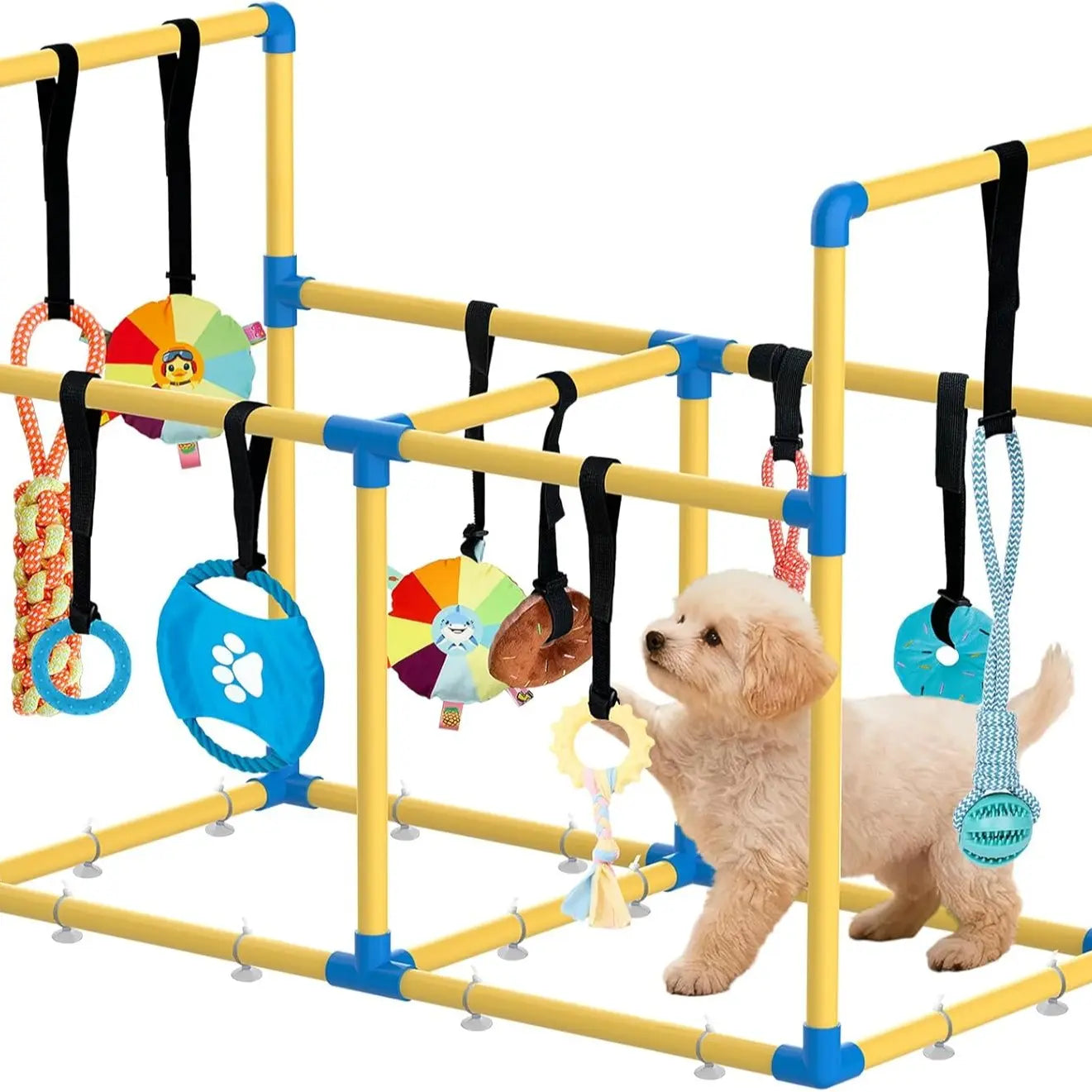 Indoor Puppy Play Gym - Pet Agility Training & Boredom Enrichment Aid with Snuffle Mat, 8 Hanging Toys, PVC Frame, Stretchy Velcro Rope for Small Dogs Bite Resistance