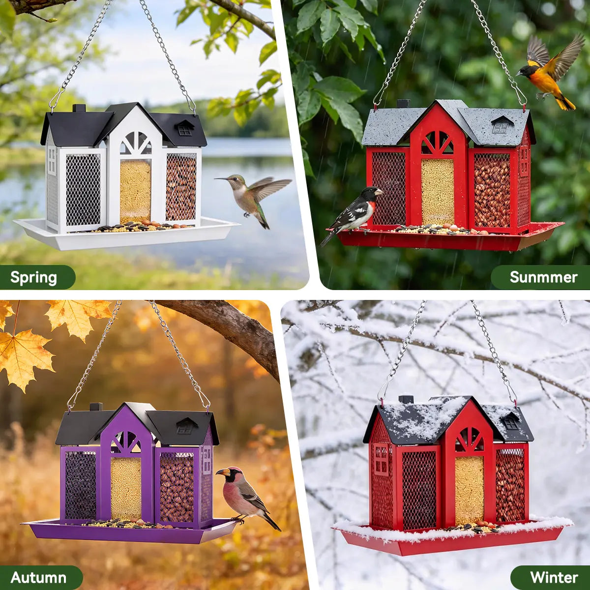 PAWGIANT Bird Feeder House for Outside, 10" × 8" × 7", Hanging Metal Mesh Wild Bird Feeder with Triple Feeders for Finch Cardinal Chickadee Large Capacity, Weatherproof and Durable, Garden Decor for Outside, Unique Gifts for Bird Lovers, White