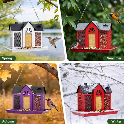 PAWGIANT Bird Feeder House for Outside, 10" × 8" × 7", Hanging Metal Mesh Wild Bird Feeder with Triple Feeders for Finch Cardinal Chickadee Large Capacity, Weatherproof and Durable, Garden Decor for Outside, Unique Gifts for Bird Lovers, White