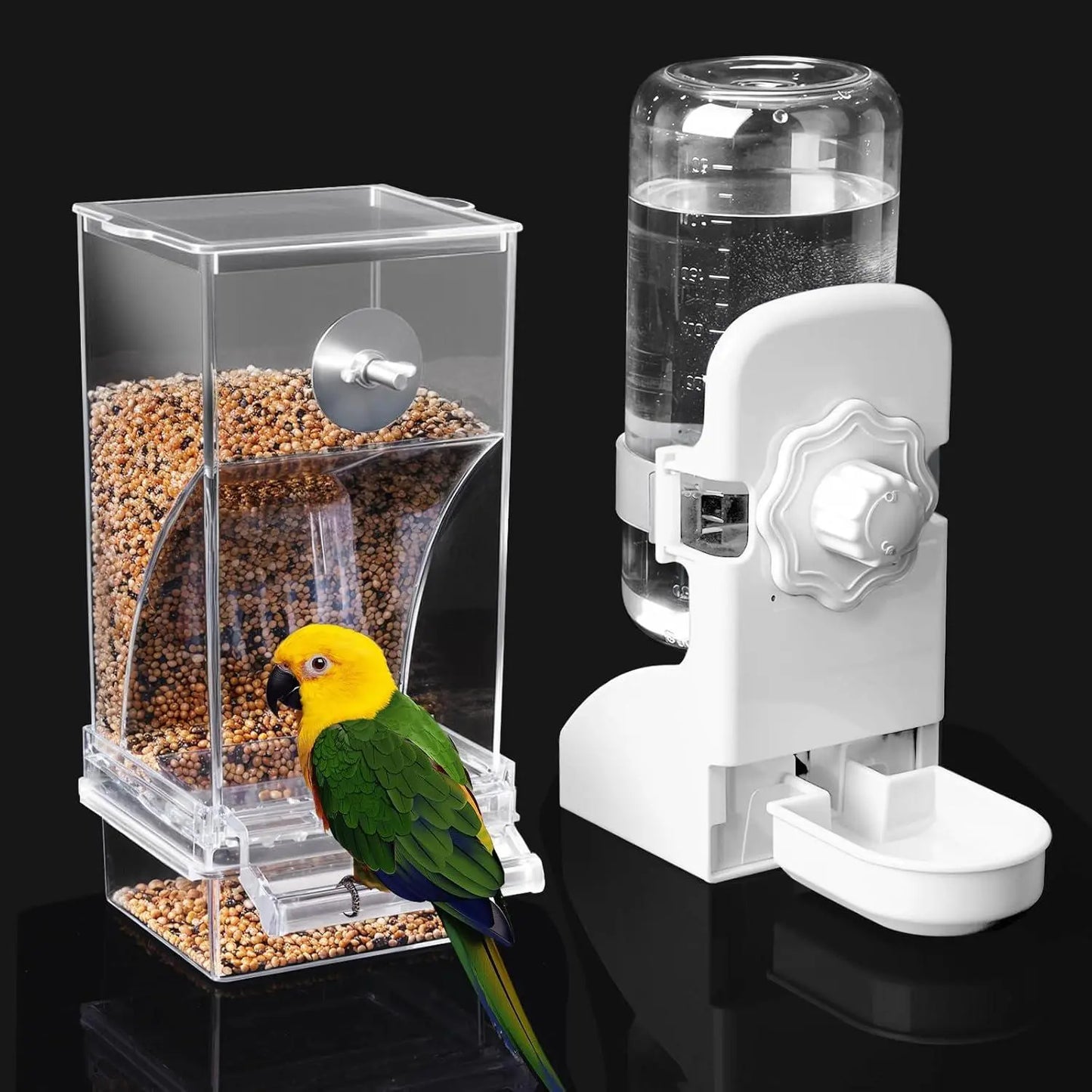 2PCS Water and Feeder Set, Parakeet Cage Additions, Parrot Seed Food Container and Water Dispenser for Siskins, Lovebirds, Parrotlets and Canaries