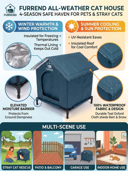 Outdoor 4-Season Cat House, Waterproof, Windproof & Scratch-Resistant. Easy to Clean with a Soft Blanket, Sturdy and Spacious. Includes Mounting Brackets, Ideal for Multiple Kittens and Small Dogs.