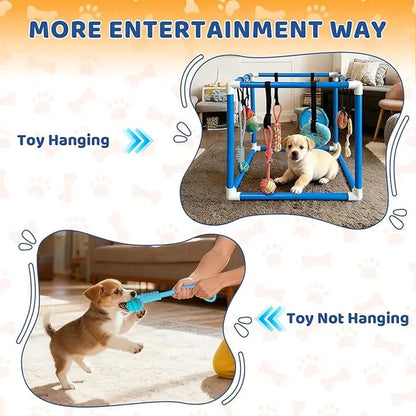 Indoor Puppy Play Gym - Pet Agility Training & Boredom Enrichment Aid with Snuffle Mat, 8 Hanging Toys, PVC Frame, Stretchy Velcro Rope for Small Dogs Bite Resistance