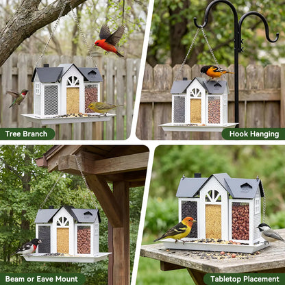 PAWGIANT Bird Feeder House for Outside, 10" × 8" × 7", Hanging Metal Mesh Wild Bird Feeder with Triple Feeders for Finch Cardinal Chickadee Large Capacity, Weatherproof and Durable, Garden Decor for Outside, Unique Gifts for Bird Lovers, White