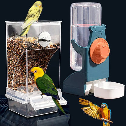 2PCS Water and Feeder Set, Parakeet Cage Additions, Parrot Seed Food Container and Water Dispenser for Siskins, Lovebirds, Parrotlets and Canaries