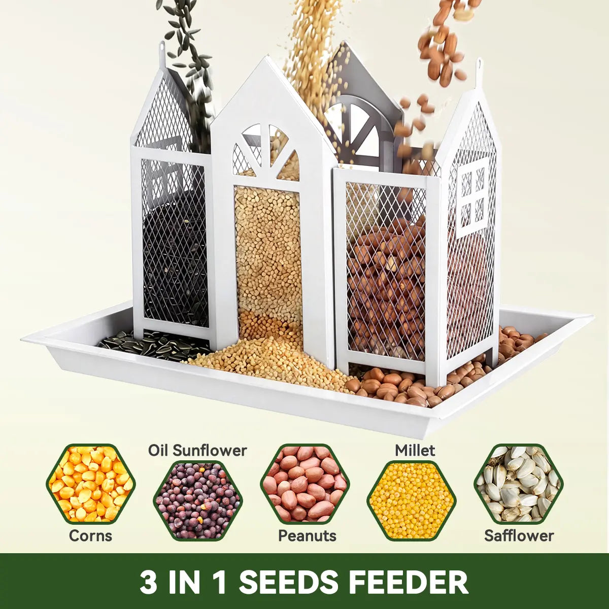 PAWGIANT Bird Feeder House for Outside, 10" × 8" × 7", Hanging Metal Mesh Wild Bird Feeder with Triple Feeders for Finch Cardinal Chickadee Large Capacity, Weatherproof and Durable, Garden Decor for Outside, Unique Gifts for Bird Lovers, White