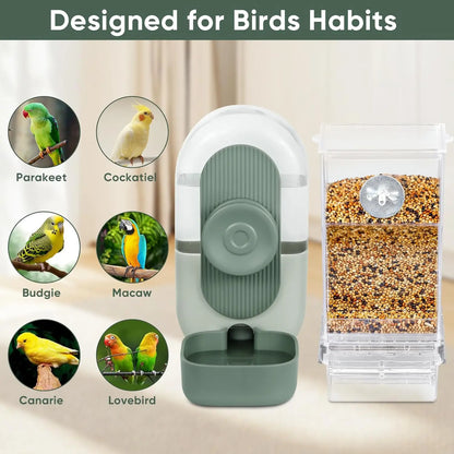 2PCS Water and Feeder Set, Parakeet Cage Additions, Parrot Seed Food Container and Water Dispenser for Siskins, Lovebirds, Parrotlets and Canaries