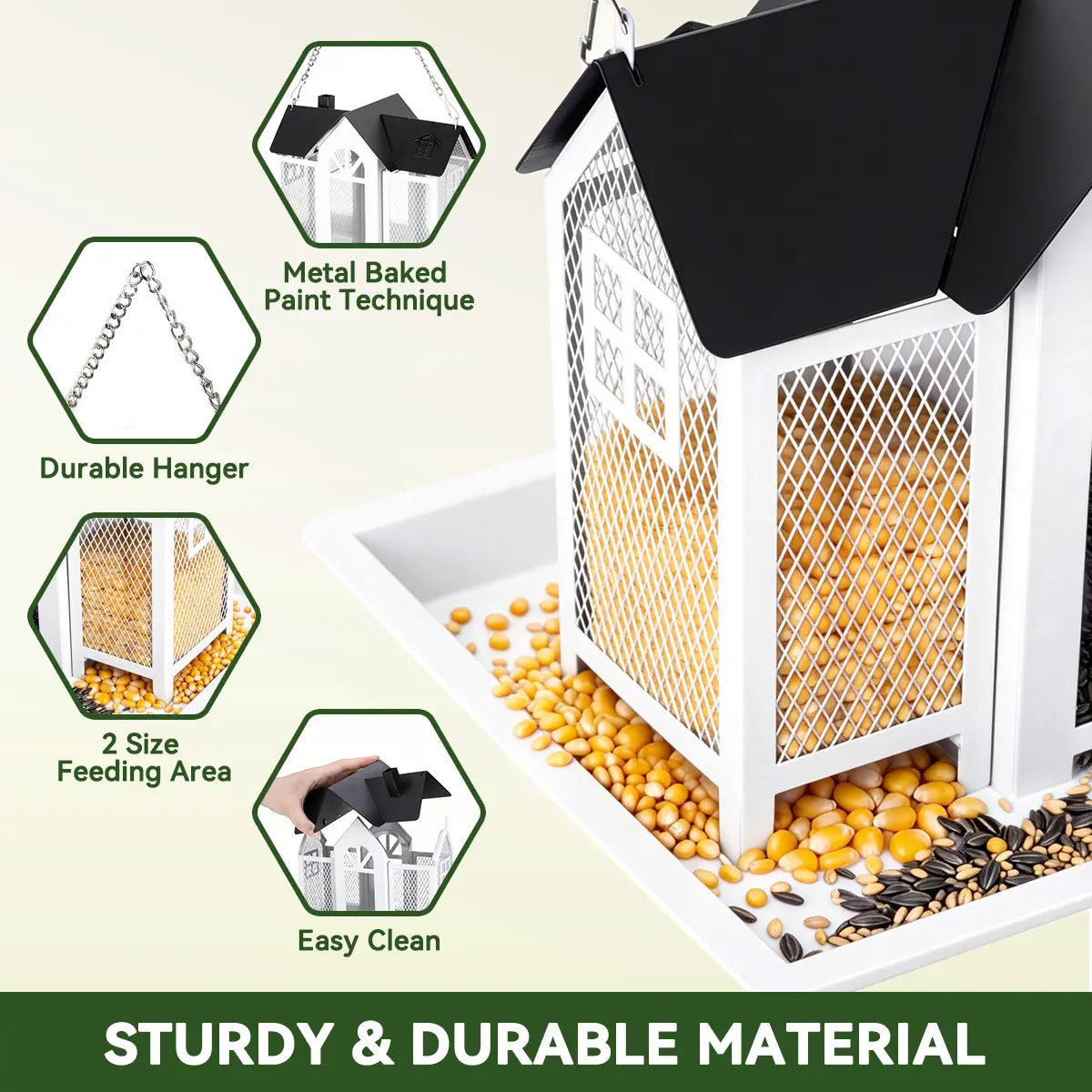 PAWGIANT Bird Feeder House for Outside, 10" × 8" × 7", Hanging Metal Mesh Wild Bird Feeder with Triple Feeders for Finch Cardinal Chickadee Large Capacity, Weatherproof and Durable, Garden Decor for Outside, Unique Gifts for Bird Lovers, White