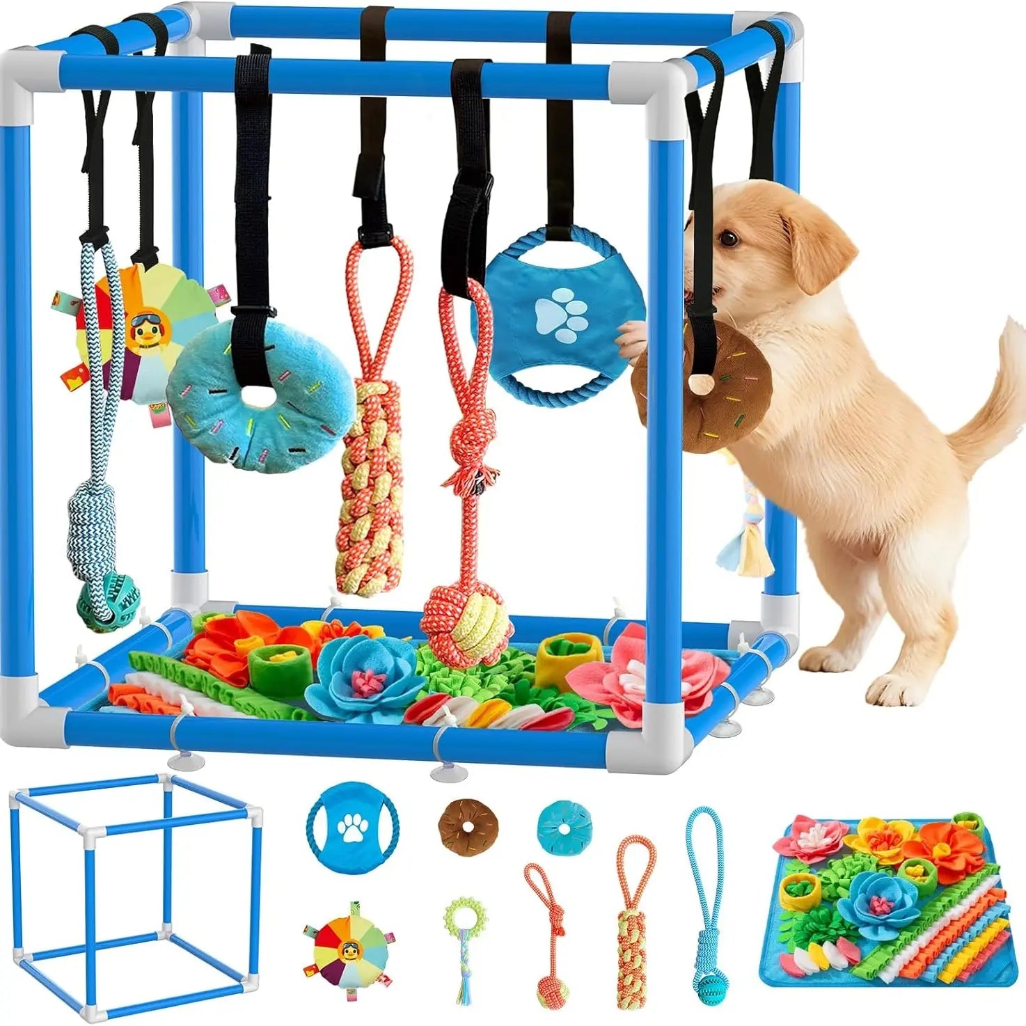 Indoor Puppy Play Gym - Pet Agility Training & Boredom Enrichment Aid with Snuffle Mat, 8 Hanging Toys, PVC Frame, Stretchy Velcro Rope for Small Dogs Bite Resistance