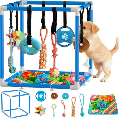 Indoor Puppy Play Gym - Pet Agility Training & Boredom Enrichment Aid with Snuffle Mat, 8 Hanging Toys, PVC Frame, Stretchy Velcro Rope for Small Dogs Bite Resistance