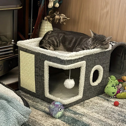 A Cat Bed Suitable for Indoor Cats, with a Large Cat Hole for a Comfortable Apartment, Fluffy Hanging Balls, round Windows, a Foldable Indoor Cat House, Capable of Bearing up to 30 Pounds , with Double-Sided Soft Cushions, Suitable for All Seasons