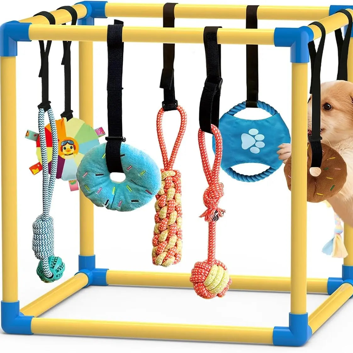 Indoor Puppy Play Gym - Pet Agility Training & Boredom Enrichment Aid with Snuffle Mat, 8 Hanging Toys, PVC Frame, Stretchy Velcro Rope for Small Dogs Bite Resistance