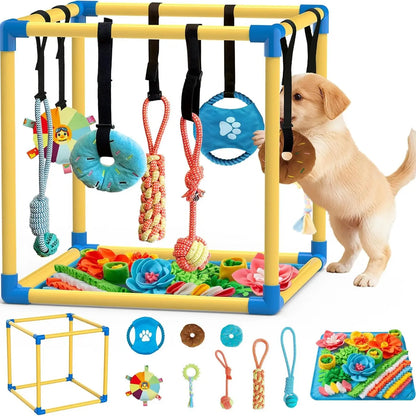 Indoor Puppy Play Gym - Pet Agility Training & Boredom Enrichment Aid with Snuffle Mat, 8 Hanging Toys, PVC Frame, Stretchy Velcro Rope for Small Dogs Bite Resistance
