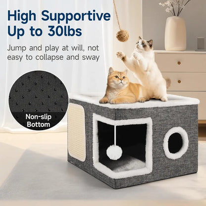 A Cat Bed Suitable for Indoor Cats, with a Large Cat Hole for a Comfortable Apartment, Fluffy Hanging Balls, round Windows, a Foldable Indoor Cat House, Capable of Bearing up to 30 Pounds , with Double-Sided Soft Cushions, Suitable for All Seasons