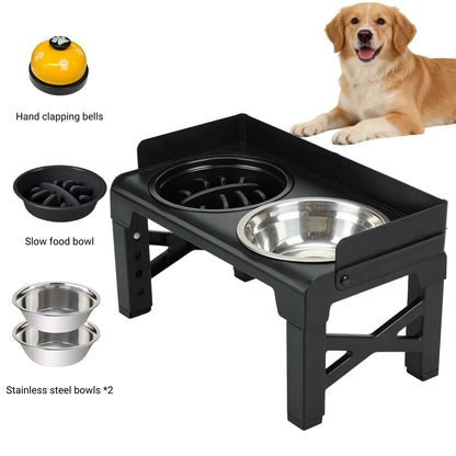 Elevated Dog Bowls, Spill-Proof with Guardrail, Raised Pet Feeder with Fence, Equipped with 1 Slow Feeder Bowl and 2 Stainless Steel Bowls, 5-Height Adjustable Raised Dog Bowl Stand
